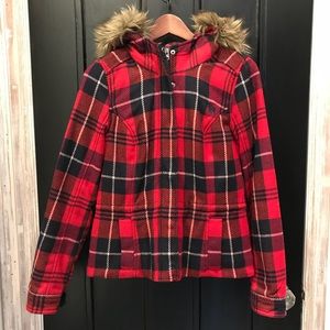 Plaid Jacket with Hood and Faux Fur